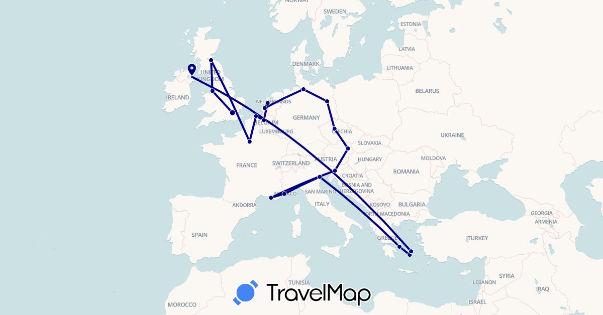 TravelMap itinerary: driving in Austria, Belgium, Czech Republic, Germany, France, United Kingdom, Greece, Italy, Netherlands, Slovenia (Europe)